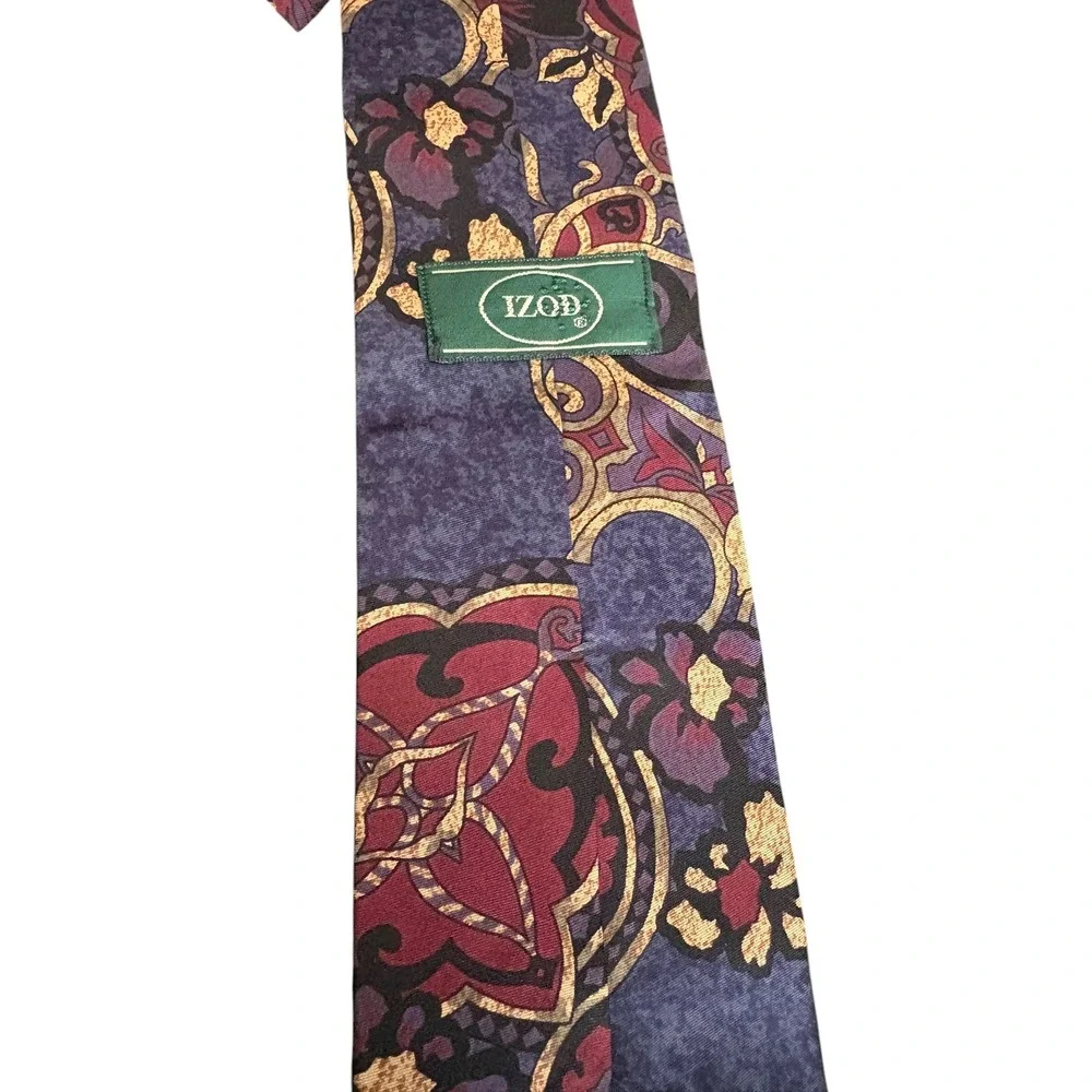 Vintage IZOD 100%‎ Silk Tie Floral Baroque Navy Purple Burgundy Gold USA